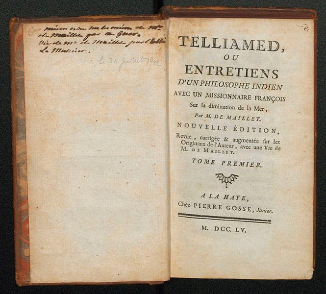 Title page of the 1755 edition of Telliamed, by Benoît de Maillet (Linda Hall Library)