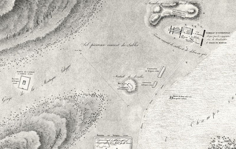 Groundplan of the region around the Memnonium on the plains west of Thebes; the temple at top right is labelled the “Tomb of Ozymandias;” the two seated “Colossi of Memnon” are barely visible on the floodplain south of the temple; detail of an engraving, after a map by Edouard Devilliers du Terrage, Jean-Baptiste Prosper Jollois, and two others, Description de l’Égypte, Antiquités, plate vol. 2, 1809-28 (Linda Hall Library)