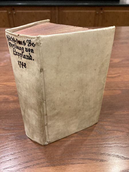 The sammelband containing Pehr Högström’s Lappland, 1748, and six other works, with the title of Högström’s book on the spine in ink (Linda Hall Library)