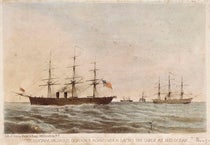 The USS Niagara (left) and HMS Agamemnon at mid-Atlantic in July 1858, cable spliced and headed for Newfoundland and Ireland, colored lithograph, 1861, National Maritime Museum, Greenwich (rmg.co.uk)