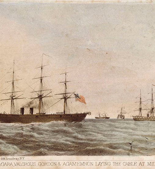 The USS Niagara (left) and HMS Agamemnon at mid-Atlantic in July 1858, cable spliced and headed for Newfoundland and Ireland, colored lithograph, 1861, National Maritime Museum, Greenwich (rmg.co.uk)