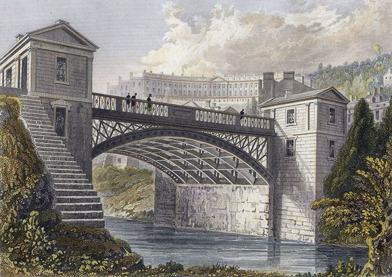 Cleveland Bridge over the River Avon, Bath, built by William Hazledine to a design of Henry Goodridge, completed 1826; colored engraving, 1830 (Wikimedia commons)