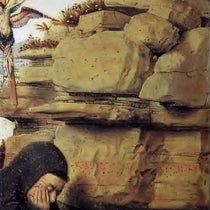 Detail of limestone formation, Saint Francis of Assisi Receiving the Stigmata, by Jan van Eyck, ca 1430, Philadelphia Museum of Art (Wikimedia commons)