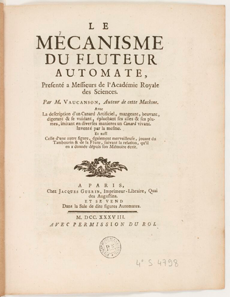 Title page, Le Mécanisme du fluteur automate, présenté ą Messieurs de l'Académie royale des sciences, by Jacques d Vaucanson, 1738, Bibliothèque nationale de France (gallica.bnf.fr)