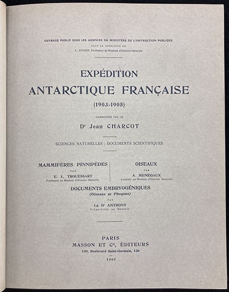 Title page of volume on mammals and birds, Expédition antarctique française (1903-1905), by Jean-Baptiste Charcot, vol. 10, 1907 (Linda Hall Library)