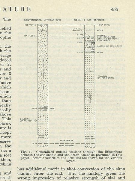 Diagram comparing the composition of oceanic and continental crust, attempting to explain what moves during sea floor spreading and what does not, paper of Robert S. Dietz, Nature, vol. 190, 1961 (Linda Hall Library)