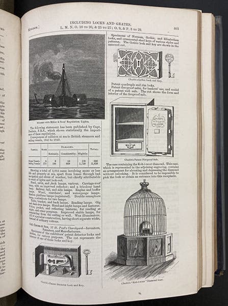 Description of Chubb locks on display at the Crystal Palace Exhibition of 1851; detector lock is at bottom left; in Official Descriptive and Illustrated Catalogue, Great Exhibition of the Works of All Nations, vol. 2, 1851 (Linda Hall Library).