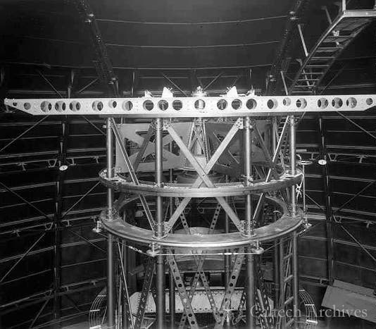 Michelson interferometer installed on the 100” Hooker telescope, Mt. Wilson (Cal Tech archives)