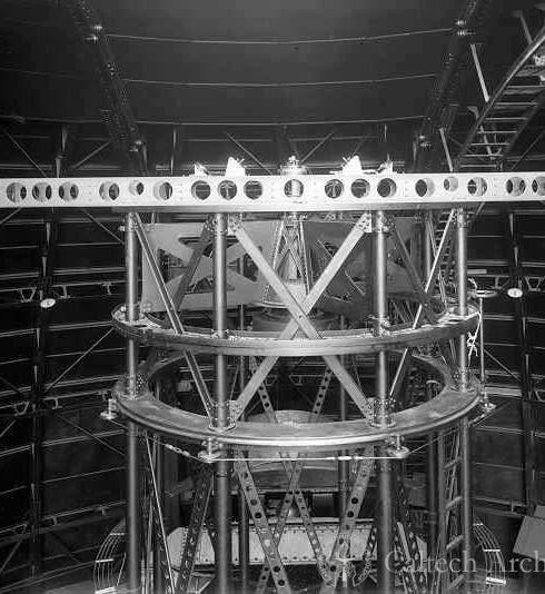 Michelson interferometer installed on the 100” Hooker telescope, Mt. Wilson (Cal Tech archives)
