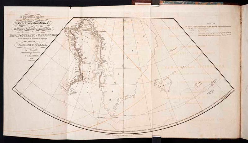 Map of the Atlantic Ocean, with Baffin Bay highlighted at left (see detail, first image), explored by John Ross and crew in 1618, engraving in A Voyage of Discovery, by John Ross, 1819 (Linda Hall Library)