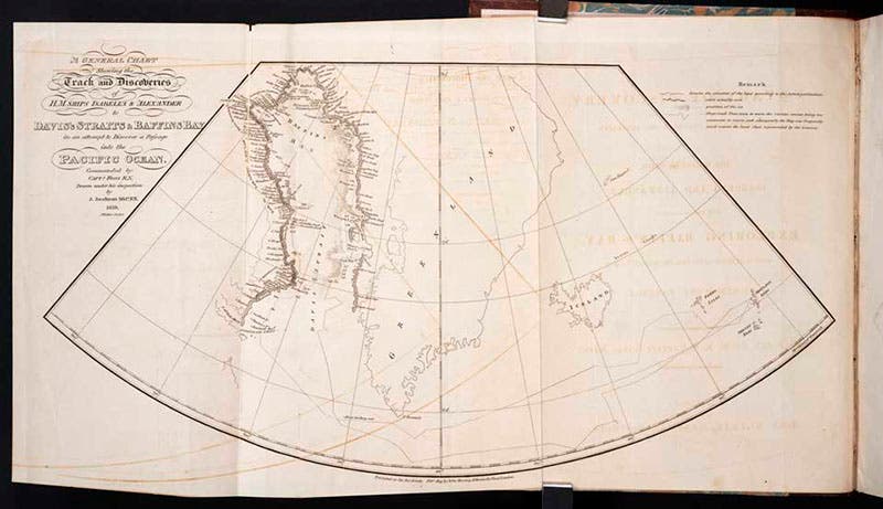 Map of the Atlantic Ocean, with Baffin Bay highlighted at left (see detail, first image), explored by John Ross and crew in 1618, engraving in A Voyage of Discovery, by John Ross, 1819 (Linda Hall Library)