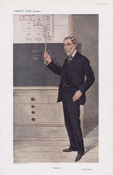 Caricature of Ramsay by Leslie Ward, in Vanity Fair, Dec. 2, 1908; Ramsay points to the new right-hand column of the periodic table, now occupied by his noble gases (National Portrait Gallery, London)