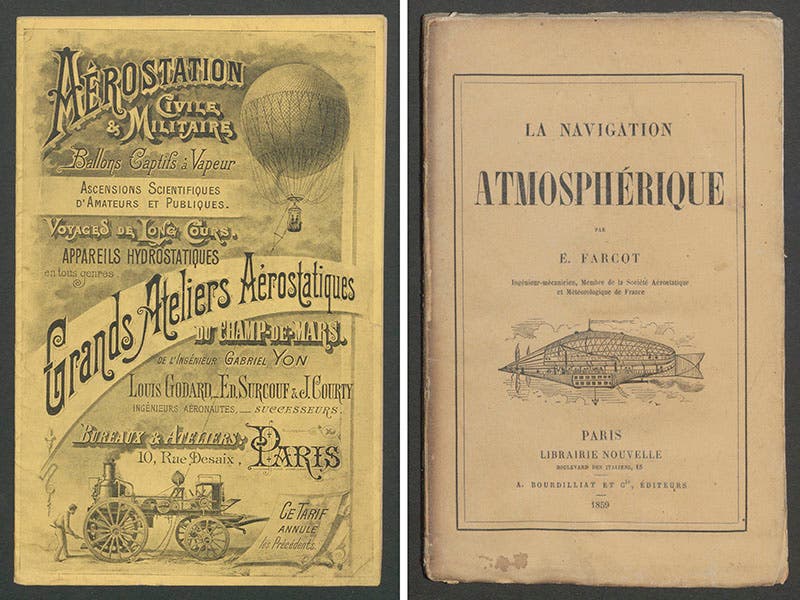 Decorative front covers, Ateliers les plus vastes du monde, by Gabriel Yon, 1900? (left), and La navigation atmosphérique, by Eugène Farcot, 1859 (Linda Hall Library)