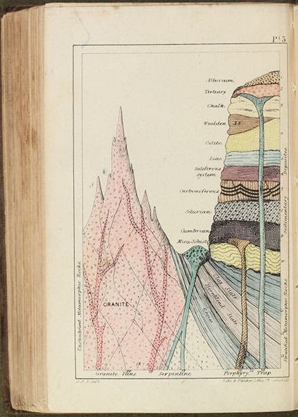 Ideal geological section, hand-colored lithograph, The Wonders of Geology, by Gideon Mantell, vol. 2, plate 3, at end, 1838 (Linda Hall Library)