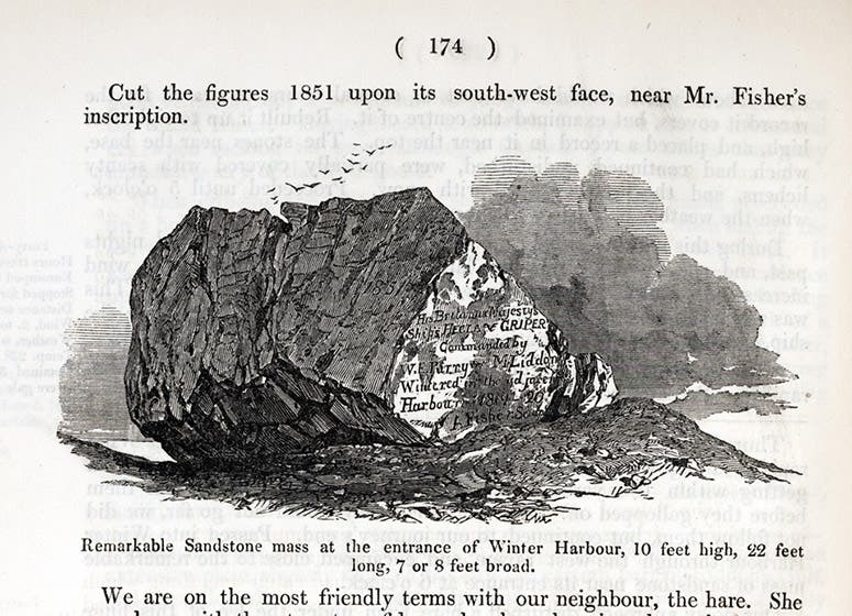 Parry rock, inscribed by one of the crewmen of the Parry expedition, 1819-20, and rediscovered on Francis McClintock’s epic sledge journey of 1851; wood engraving, in the Arctic Blue Book published by the Admiralty in 1852: Additional Papers Relative to the Arctic Expedition (Linda Hall Library)