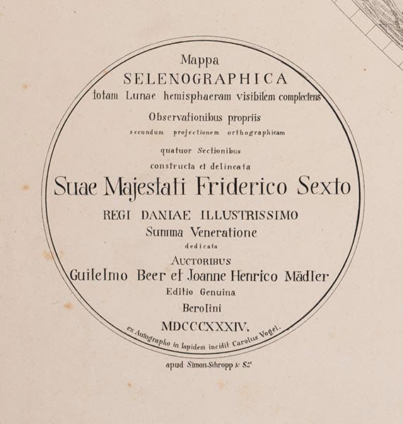 Title page equivalent, inset on first quadrant, Mappa selenographia, by Wilhelm Beer and Johann Mädler, lithograph, 1834 (Linda Hall Library)