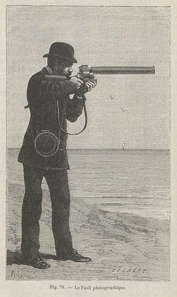 Chronophotographic gun in use, engraving, Étienne-Jules Marey, Le movement, 1894 (Linda Hall Library)