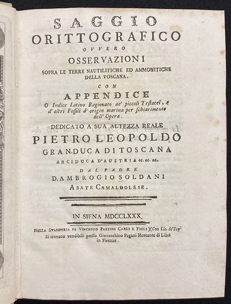 Title page, Saggio orittografico: ovvero, Osservazioni sopra le terre nautilitiche ed ammonitiche della Toscana, by Ambrogio Soldani, 1780 (Linda Hall Library)