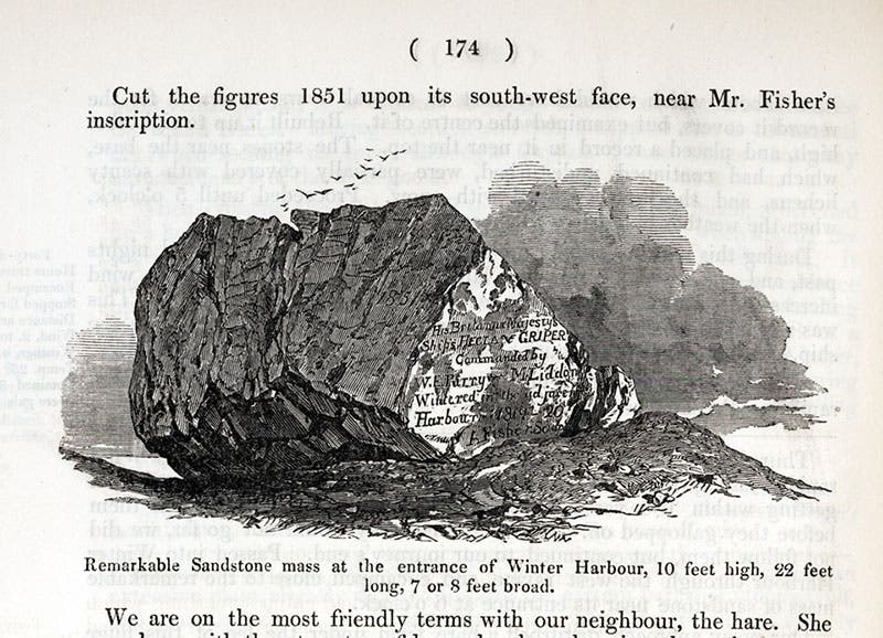 Parry Rock, encountered and drawn by Francis McClintock in 1851, wood engraving in an Admiralty publication (an Arctic Blue Book), Additional Papers Relative to the Arctic Expedition, 1852 (Linda Hall Library)