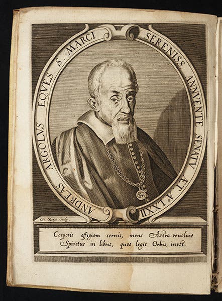Portrait of Andrea Argoli, engraving, Primi mobilis tabulae, 1644 (Linda Hall Library)