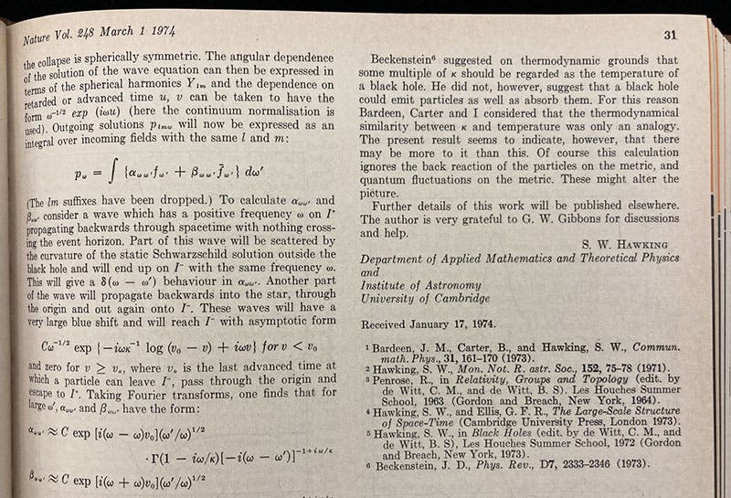 Detail of second and last page of "Black hole explosions?", by Stephen W. Hawking, Nature, vol. 248, Mar. 1, 1974, p. 31 (Linda Hall Library)