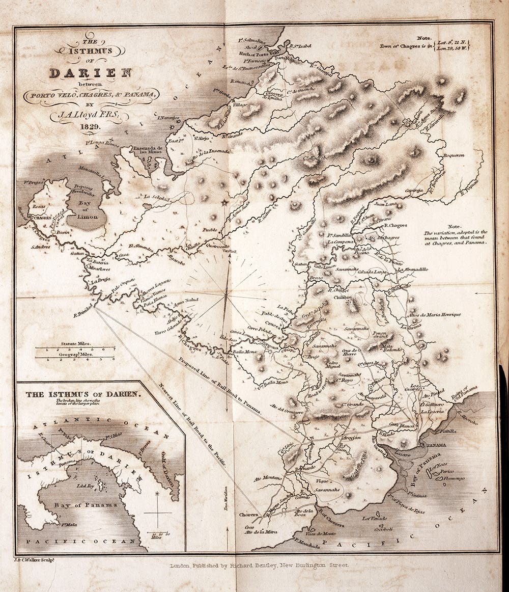 Map of the Isthmus of Darien, or Panama, showing early proposals for railroad routes across the isthmus. From W. Webster, Narrative of a voyage … under the command of the late Captain Henry Foster. London, 1834.