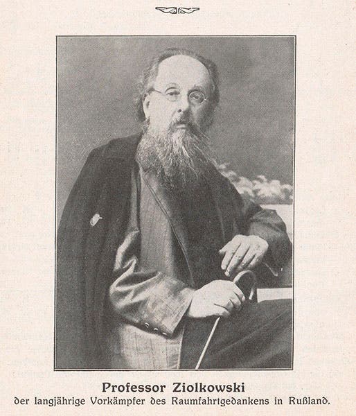 Portrait of Konstantin Tsiolkovskii, photograph, in Die Rakete, 1928 (Linda Hall Library)