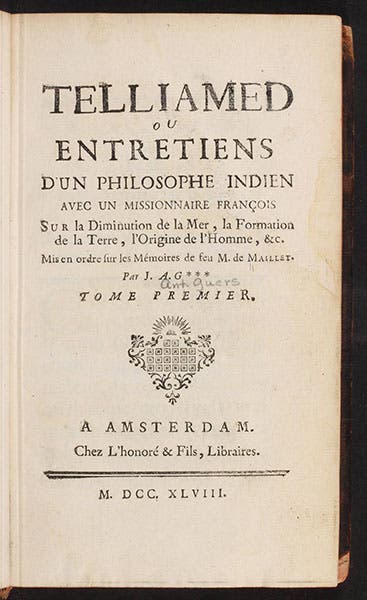 Title page of Telliamed, by Benoît de Maillet, 1748 (Linda Hall Library)