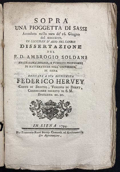 Title page, Sopra una pioggetta di sassi accaduta nella sera de' 16 Giugno del MDCCXCIV in Lucignan d'Asso nel Sanese, by Ambrogio Soldani, 1794 (Linda Hall Library)