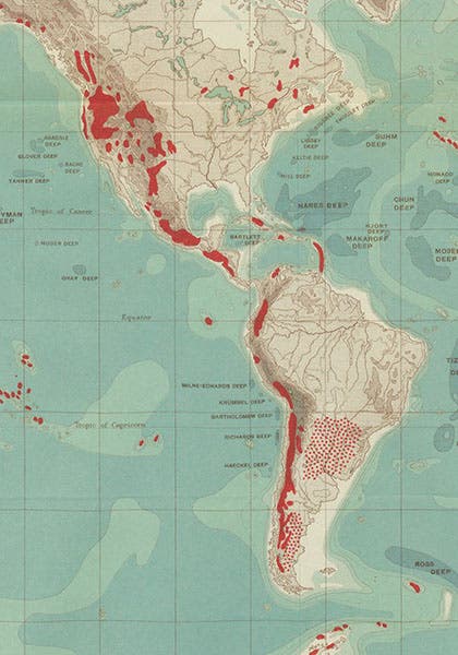 Detail of seventh image, showing the trenches and volcanic belts along the western coasts of North and South America (Linda Hall Library)