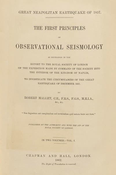Title page, Robert Mallet, Great Neapolitan Earthquake of 1857, vol. 1, 1862 (Linda Hall Library)