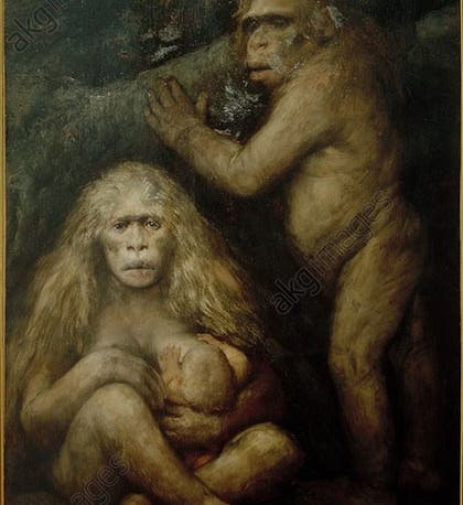 Pithecanthropus alalus, oil painting by Gabriel von Max, 1894, given as a birthday present to Ernst Haeckel, now in the Ernst-Haeckel-Haus, Friedrich Schiller University, Jena, Germany (akg-images.co.uk