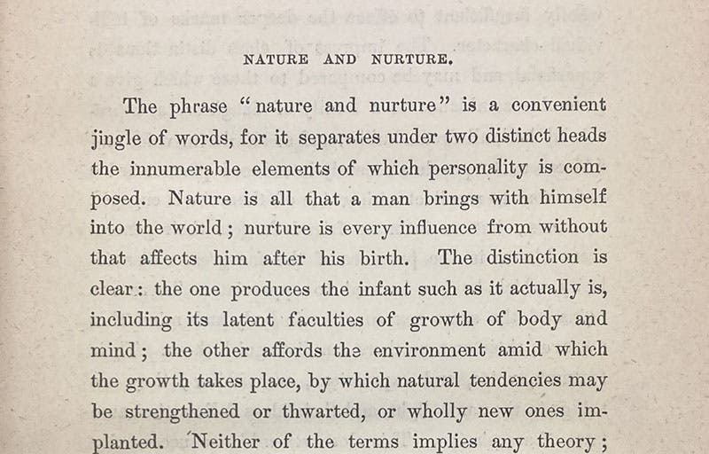 Discussion of “nature vs nurture,” in English Men of Science, by Francis Galton, p. 9, 1875 (Linda Hall Library)