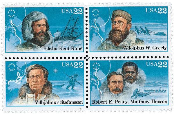 Block of 4 U.S. Postal Service stamps honoring North American Arctic explorers, 1986; Adolphus W. Greely is at upper right (mysticstamp.com)