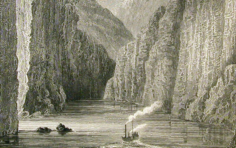 Steaming up Mohave Canyon, California, in the Explorer, detail of lithograph by J.J. Young after H.B. Möllhausen, in Joseph C. Ives, Report upon the Colorado River of the West, 1861 (Linda Hall Library)