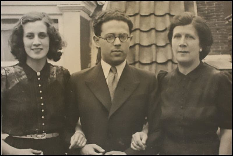 Abraham Pais, with Tineke Buchter (later Tina Strobos) at left and Tineke’s mother Marie Schotte at right, photograph, 1941 (Wikimedia commons)