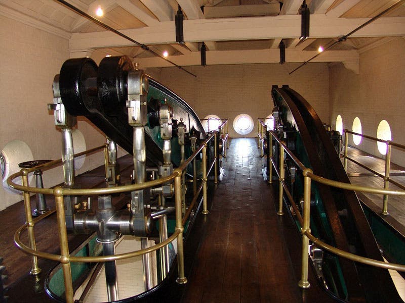 The two walking beams that connect the steam engines to the pumps, top floor of the pump-house, Hamilton Waterworks, Ontario (hamiltonbeachcommunity.com
