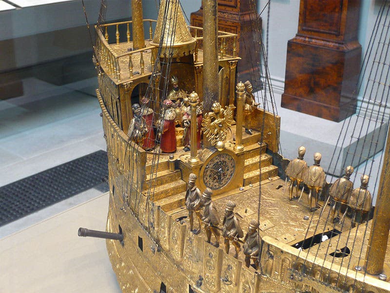 Closer view of the deck of the British Museum clockwork galleon, built by Hans Schlottheim, ca 1585 (Wikimedia commons)