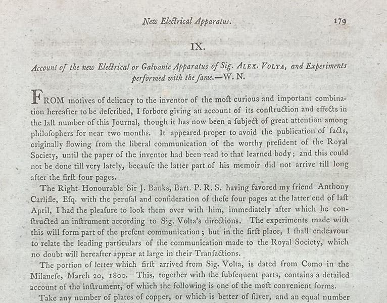 Detail of first page of article on the Voltaic pile and electrolysis, by William Nicholson, Journal of Natural Philosophy, Chemistry and the Arts, vol. 4, p. 179, July 1800 (Linda Hall Library)