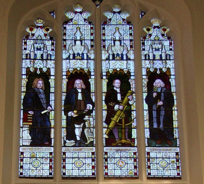 Stained glass windows at west end of north aisle, depicting (top, left to right), Richard Bentley, Isaac Newton, Roger Cotes (holding telescope), and John Ray, Trinity College Chapel, Cambridge, ca 1875 (trinitycollegechapel.com)