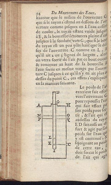 Diagram of a constant-flow bottle, now know as Mariotte’s bottle, in Traité de movement des eaux, by Edmé Mariotte, 1686 (Linda Hall Library)