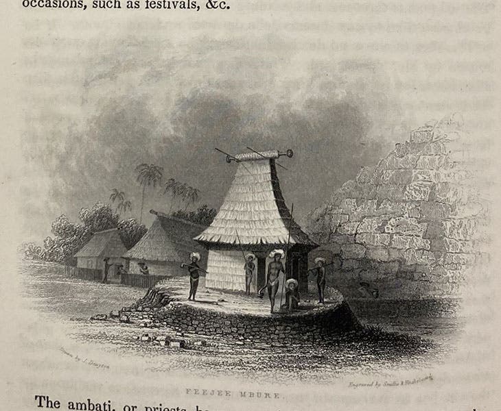 Detail of previous (sixth) image, spirit house on Feejee, text etching based on a drawing by Joseph Drayton, in Narrative of the United States Exploring Expedition, by Charles Wilkes, 1845, quarto ed., vol. 3 (Linda Hall Library)