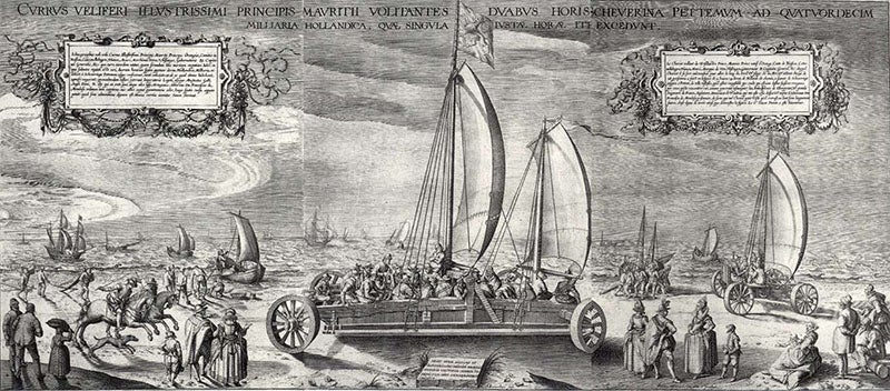 Land yacht designed by Simon Stevin for Maurits of Nassau, engraving by Willem Isaacsz. van Swanenburg, 1602 (wga.hu)