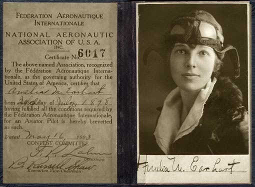 Amelia Earhart’s first pilot’s license and photograph, 1923, Ninety-Nine’s Museum of Women Pilots, Oklahoma City, displayed in One Life: Amelia Earhart, exhibition at the National Portrait Gallery, 2013-2014 (npg.si.edu)