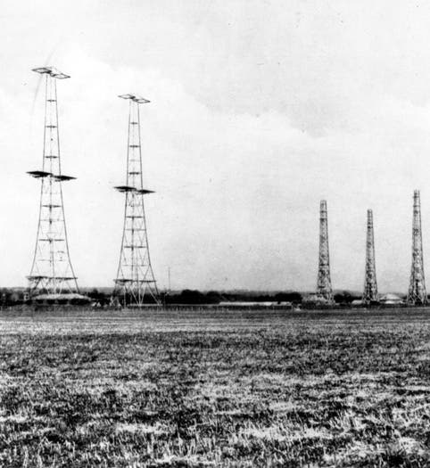 Chain Home installation at RAF Poling in Sussex; the three steel towers at left are transmitters, the wooden towers at right are the receivers (rafsmuseum.org)