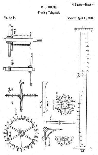 Patent diagrams, House printing telegraph, showing the print wheel and the drum under the keyboard and a few other specs, patent no. 4464, granted to R. E. House, Apr. 18, 1846, Google Patents (patents.google.com)