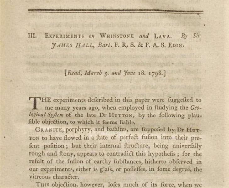 First page of James Hall’s paper, “Experiments on whinstone and lava,” Transactions of the Royal Society of Edinburgh, vol. 5, 1805 (Linda Hall Library)