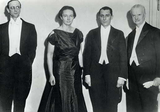 Nobel Prize recipients for 1935; James Chadwick is at left, Irène and Frédéric Joliot-Curie are at center, Hans Spemann is at right (nobelprize.org)
