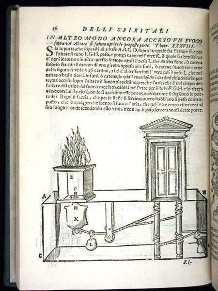 Temple doors opened automatically by an offering, woodcut, Gli artificiosi, e curiosi moti spiritali di Herone, transl. by Giovanni Battista Aleotti, 1647 (Linda Hall Library)