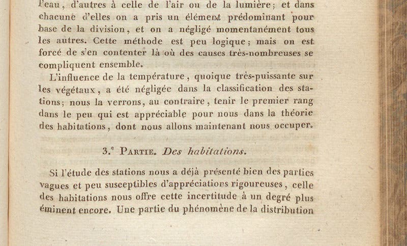 Beginning of section on “Habitations” in article by Augustin de Candolle, Dictionnaire des sciences naturelles, ed. by Frédéric Cuvier, vol. 18, p. 391, 1820 (Linda Hall Library)